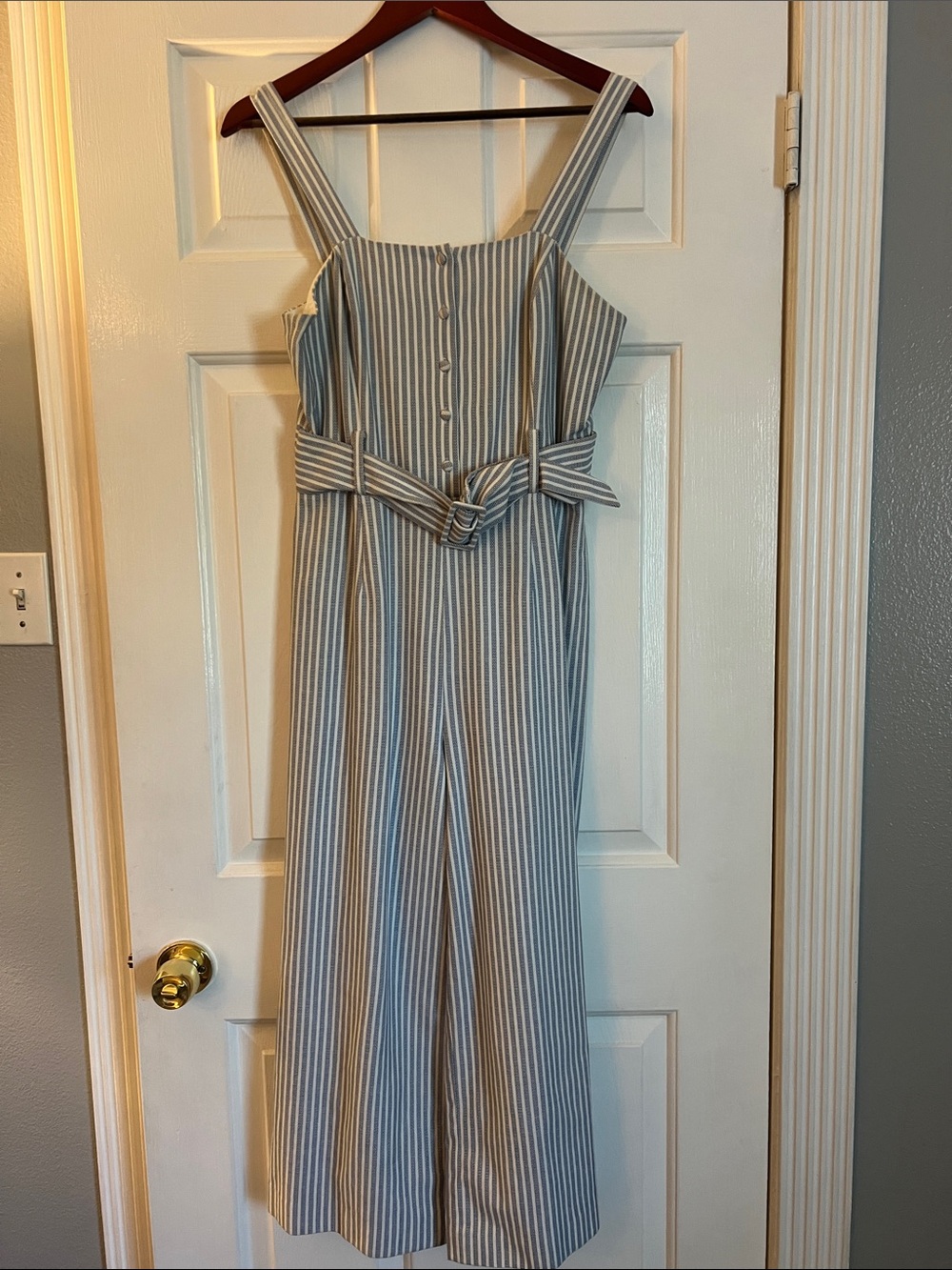 ANTONIO MELANI Blue & White Striped Tie-Waist Wide-Leg Jumpsuit